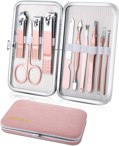 Manicure Set, Travel Mini Nail Clippers Kit Pedicure Care Tools, 10Pcs Stainless Steel Grooming Kit (Pink)