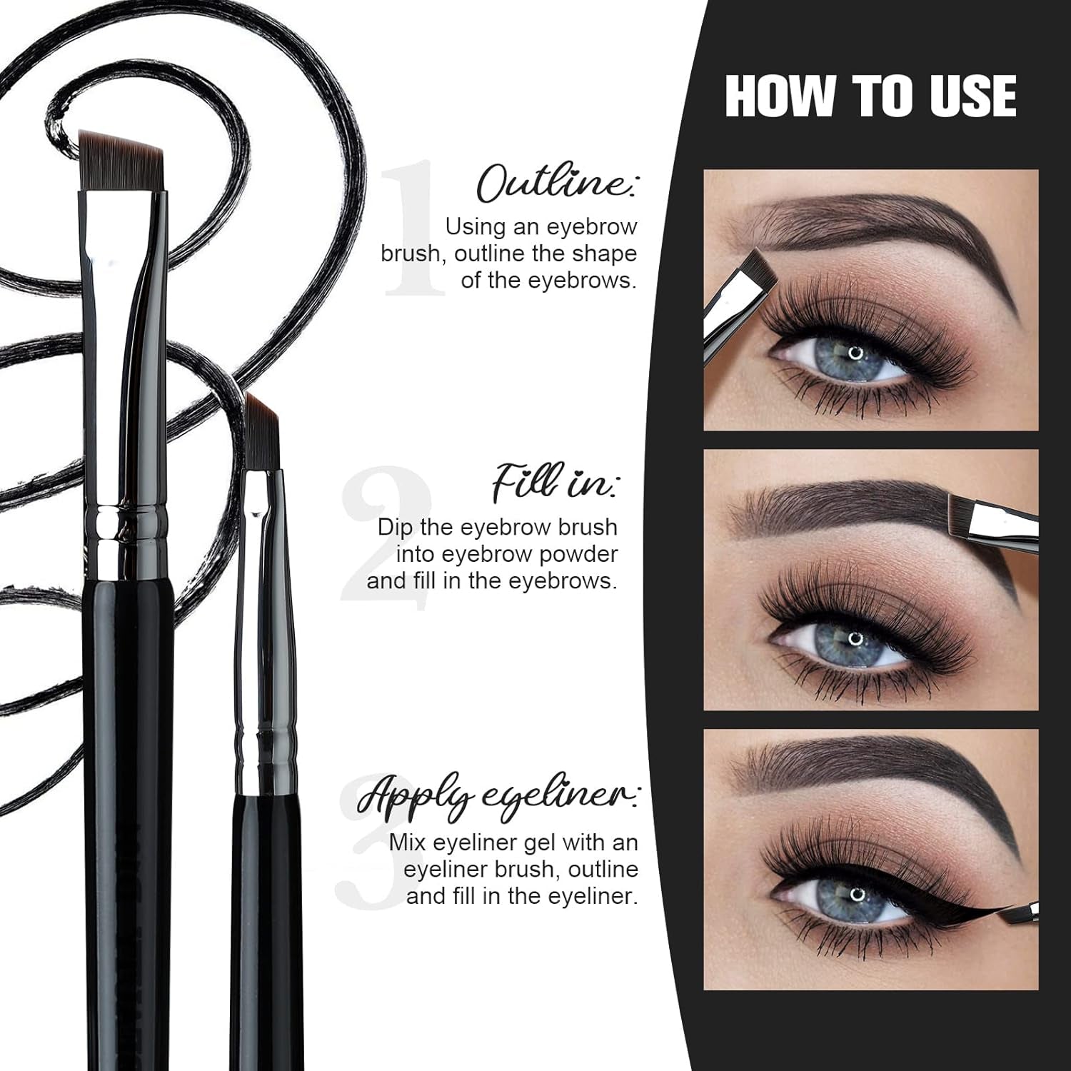 Eyebrow Brush & Eyeliner Brush, beauty Double-Ended Angled Eye Brow Brush and Eye Liner Brush, Two-In-One Eyeliner Brush Fine Point with Brow Brush, One Brush for Two Uses