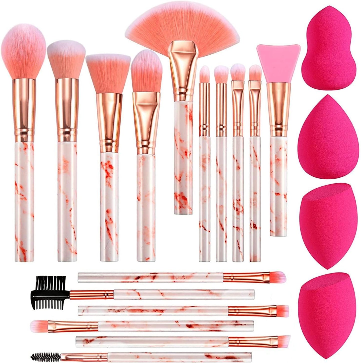 Professional Makeup Brushes Set 16PCS Pink Marble Handle Make up Brushes with 4Pcs Sponge Blenders Foundation Brushes Eyeshadow Concealer Contour Blush Brush Silicone Face Mask Brush Make up Tool