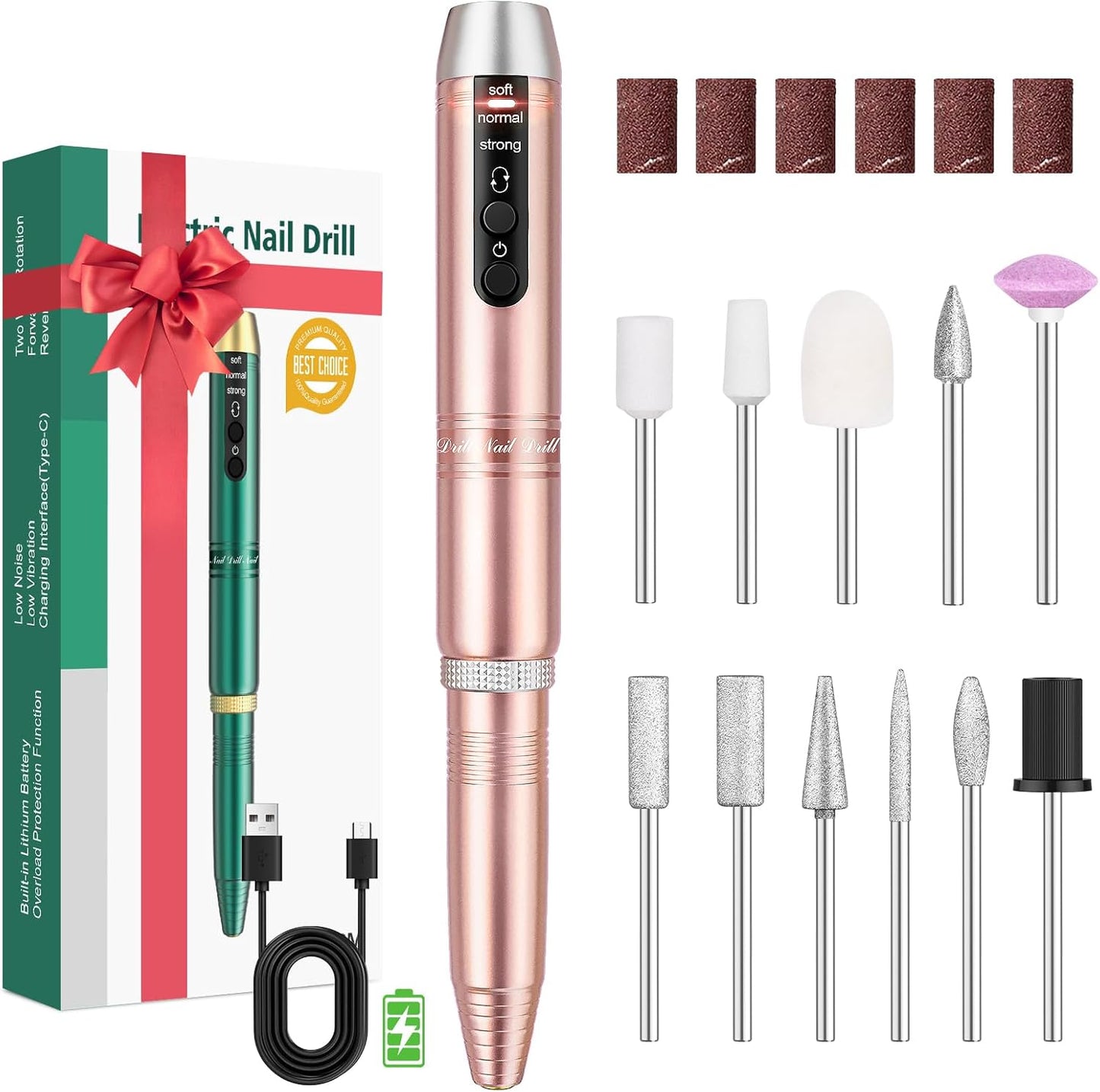 Cordless Nail Drill, Portable Electric Nail Drill 20000RPM Professional Electric Nail File for Acrylic Gel Nails, Rechargeable Nail Drill Machine Home Use for DIY Manicure Pedicure - Gold